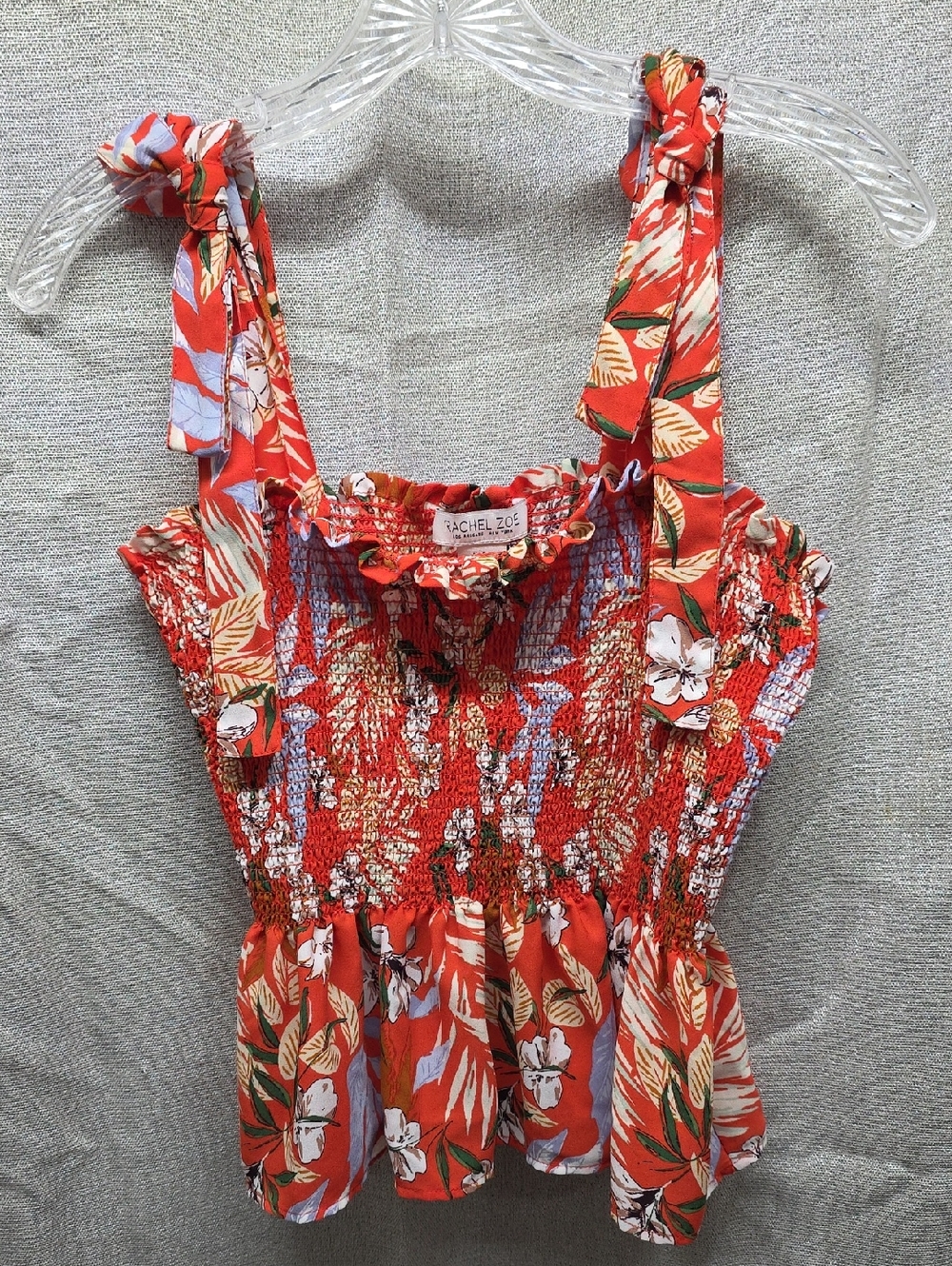 Rachel Zoe Red Floral Smocked Tie-Shoulder Camisole, Crop Top, Belly Shirt